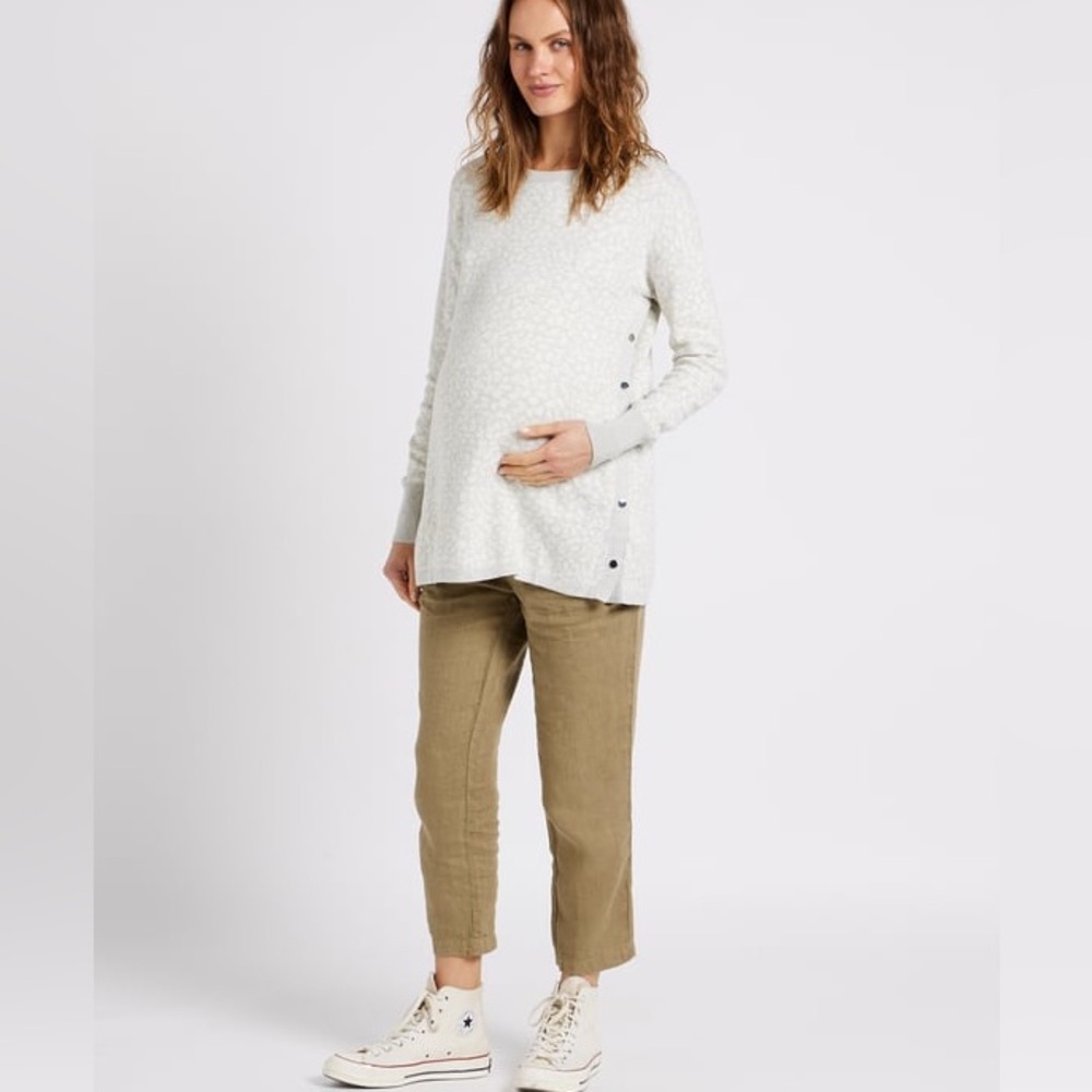 Seraphine Cream Crewneck Maternity Sweater with Side Buttons -S